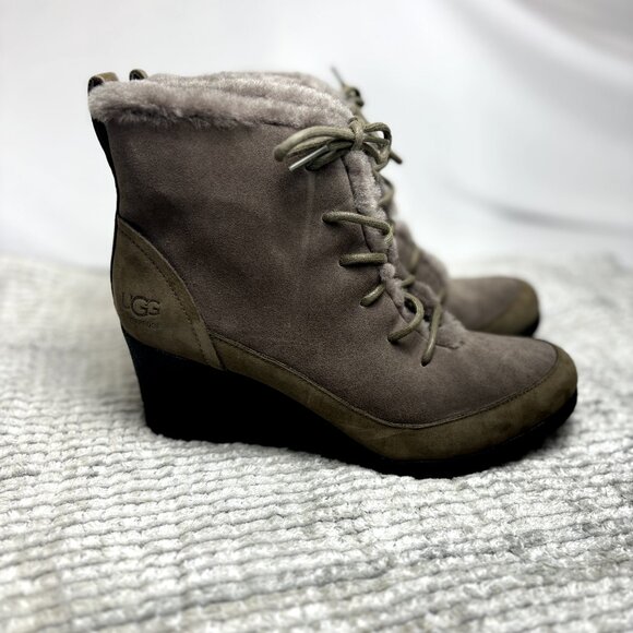 UGG Bridgit US 8 EU 39 Women’s Dark Gray Waterproof Suede Wedge Heel Ankle Boots - Picture 5 of 12